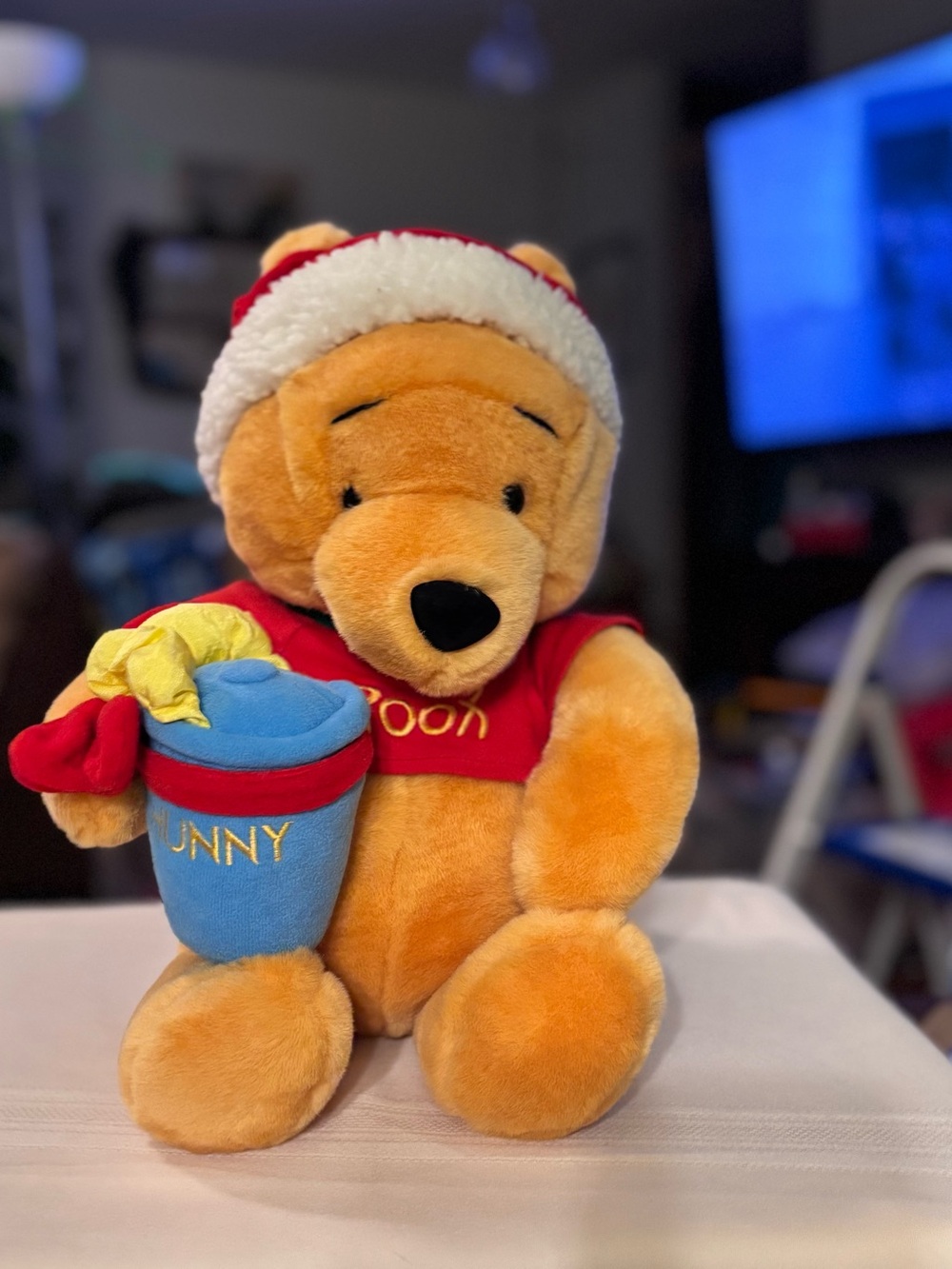 Disney Winnie the Pooh Plush — Gold & Red with Blue Honey Pot